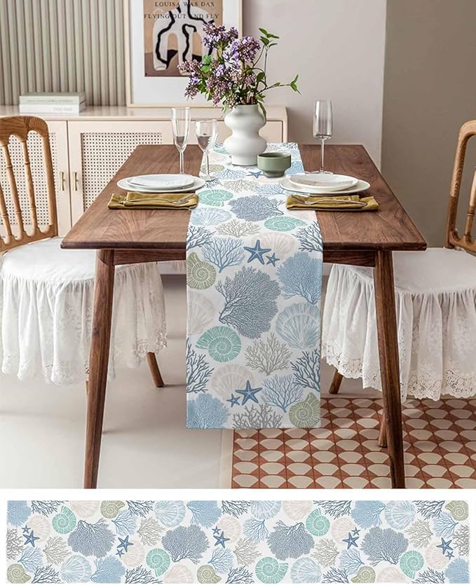 Coastal Coral Cotton Linen Table Runner for Dining Kitchen, Wedding Outdoor Party Tablerunners Decoration, Blue Nautical Starfish Ocean Shell Beach Dresser Scarf Coffee Tablecloth Runners 13x60 Inches