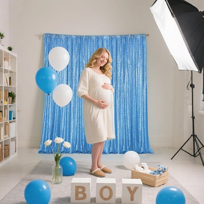 Blue Sequin Backdrop Curtain 2 Pieces 2FTx8FT Glitter Photography Backdrop for Party Wedding Birthday Christmas Decorations