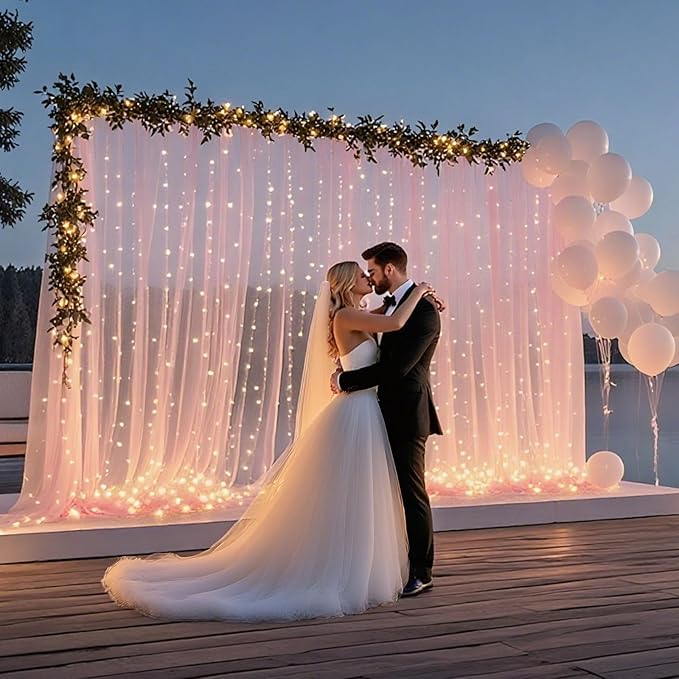 10×10ft Tulle Backdrop Curtains with Lights String - 300LED Fairy Lights Sheer Curtain Backdrop for Weddings Baby Shower and Birthday Party Decorations(6 Panels 5×10ft)