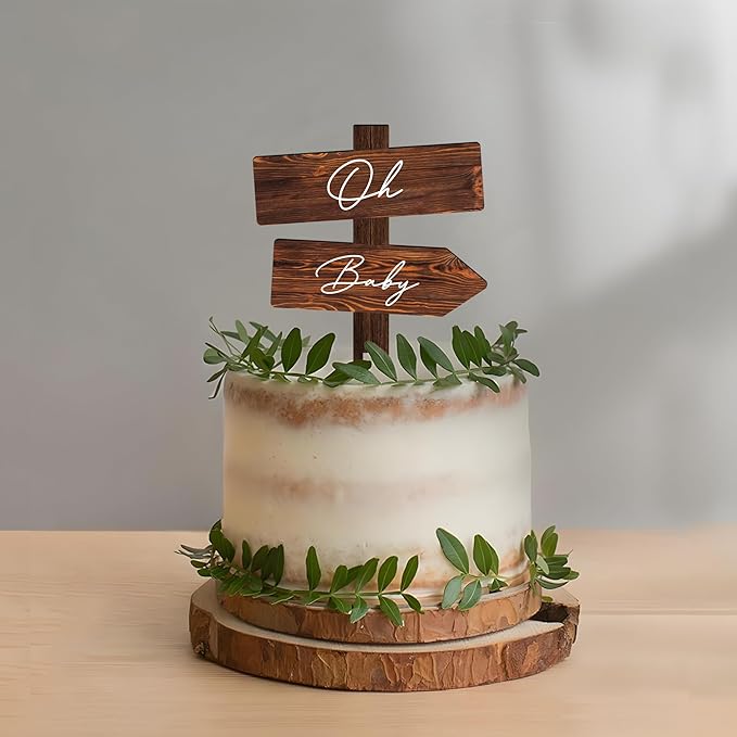 Non-Edible Cake Topper, Wood, 5.3 x 7.3 Inch Rustic Baby Shower Decoration