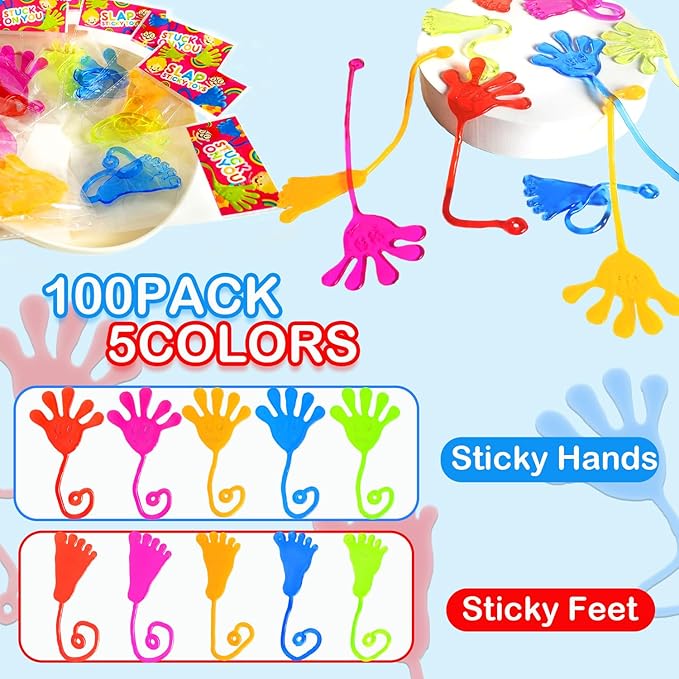 Party Favor Packs: 100 Sticky Hands and Feet in 5 Colors