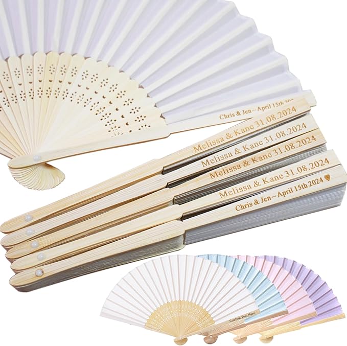 Personalized Engraved 40 Pcs White Silk Fans, Folding Hand Fans, Wedding Party Favors, Bridal Shower Dancing Props, Gifts, Birthday Party Supplies
