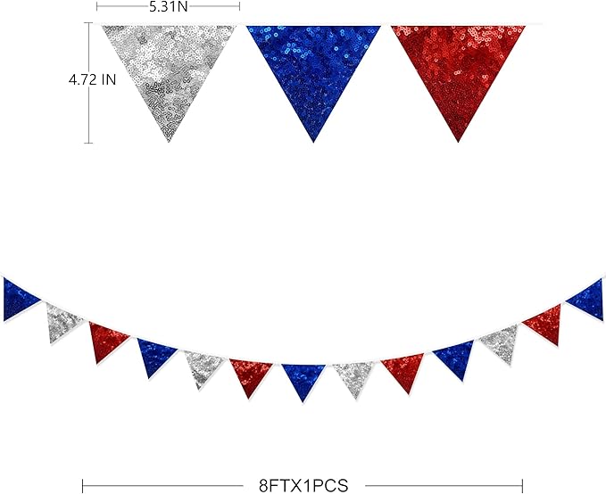 pinkblume Red Blue Silver Decorations Double Sided Sequin Fabric Triangle Pennant Banner Flag Bunting Garland for Nursery Classroom Home Bedroom Wall 4th of July American Veterans USA Holiday Decor