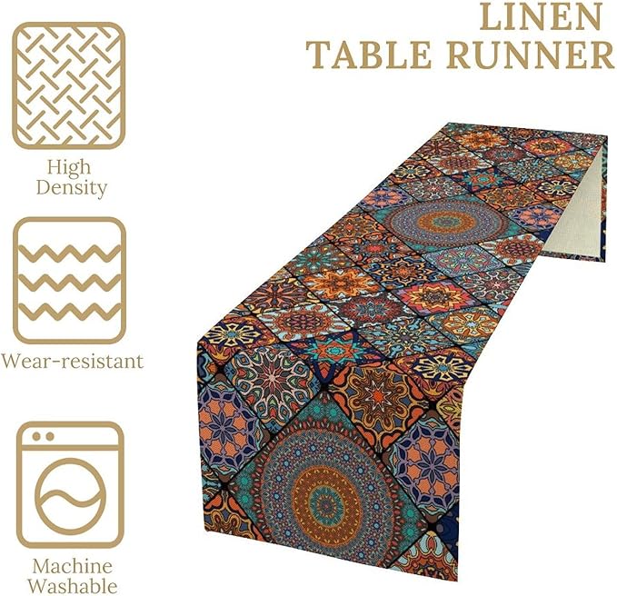 Bohemian Table Runner, Colorful Vintage Indian Mandala Floral Table Runners for Kitchen Dining Coffee Table Indoor Outdoor Party Decor, 13x70inch