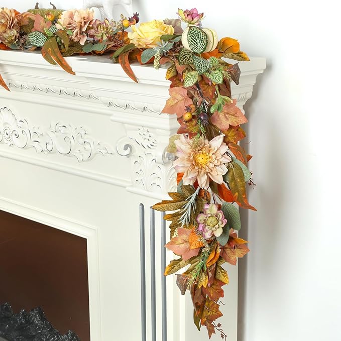 Garland with Pumpkins, Maple Leaves and Flowers, 72 Inch Fall Plastic