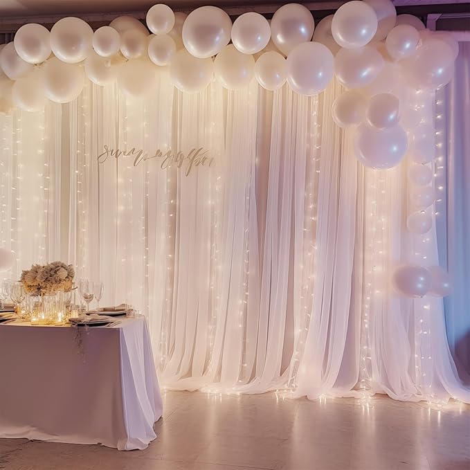 10ft x 10ft White Chiffon Backdrop Curtain with Lights String for Parites Wedding Wrinkle Free Curtain Photo Backdrops Drapes for Baby Shower Birthday Party Home Decorations