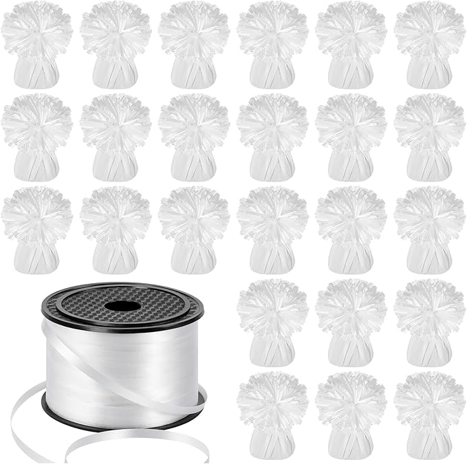 Balloon Weights 24 Pack White Metallic Foil Anchors with Ribbon