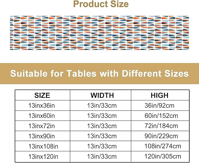 Mid Century Table Runner, Modern Style Retro Pattern Droplet Shapes Mosaic Tones Pattern Print for Home Kitchen Table Decor Dining Coffee Room Party Decor 13x60in