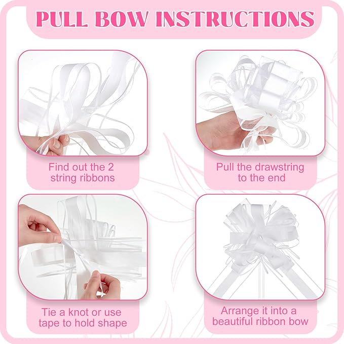 Gift Wrap Bows, 24 White Pull Bows with Ribbon for Weddings and Parties