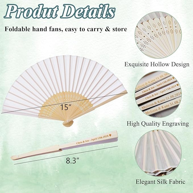 90 Set Personalized Cream Wedding Fans for Guests Bulk, Custom Engraved Summer Wedding Fans, Silk Hand Fans Handheld Folded Fan Baby Shower Favors for Bridal Bridesmaid Gift Church Dancing Party