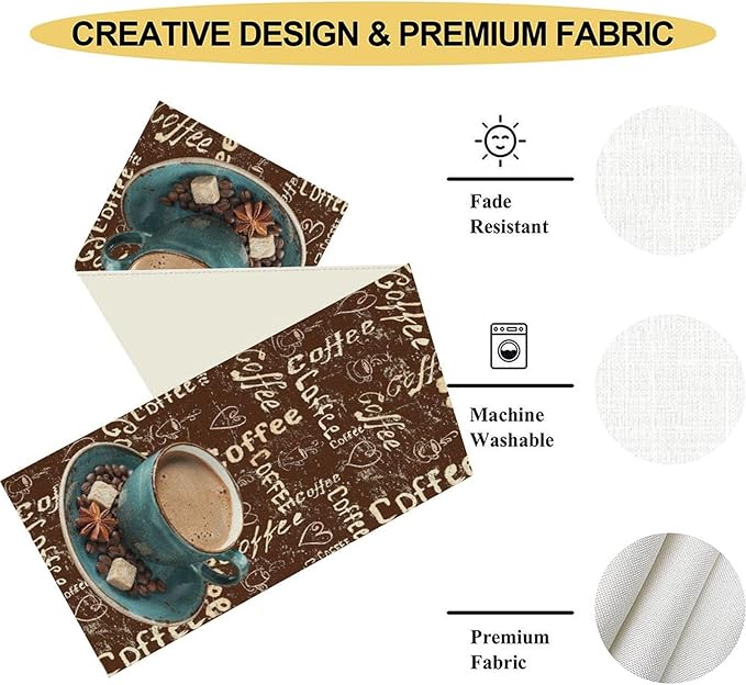 Coffee Theme Table Runner, Farmhouse Retro Brown Coffee Cup Tea Party Rustic Cafe Table Center Decor for Home Kitchen Dining Patio Holiday Party Indoor Outdoor Table Decorations,13"x108" Inch