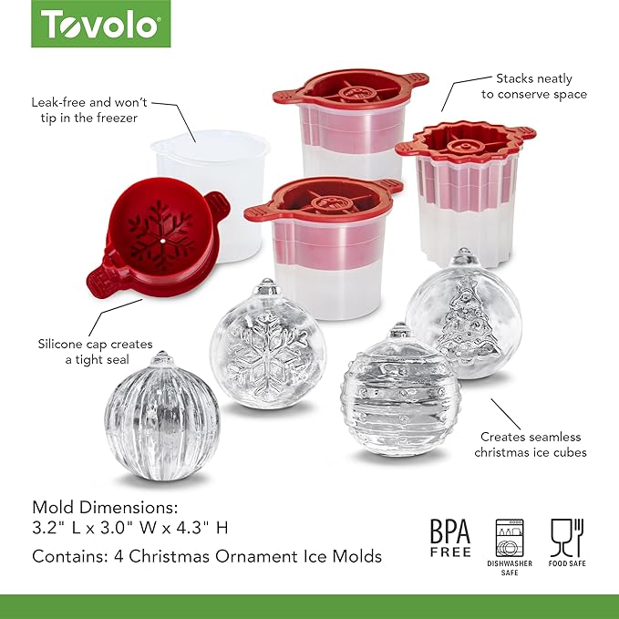 Ice Cube Molds, 4 Holiday Ornament Shapes with Silicone Lids