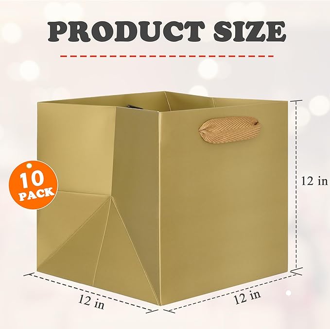 Gift Bags Pack of 10 Gold Square Bottom 12 Inch with Handles