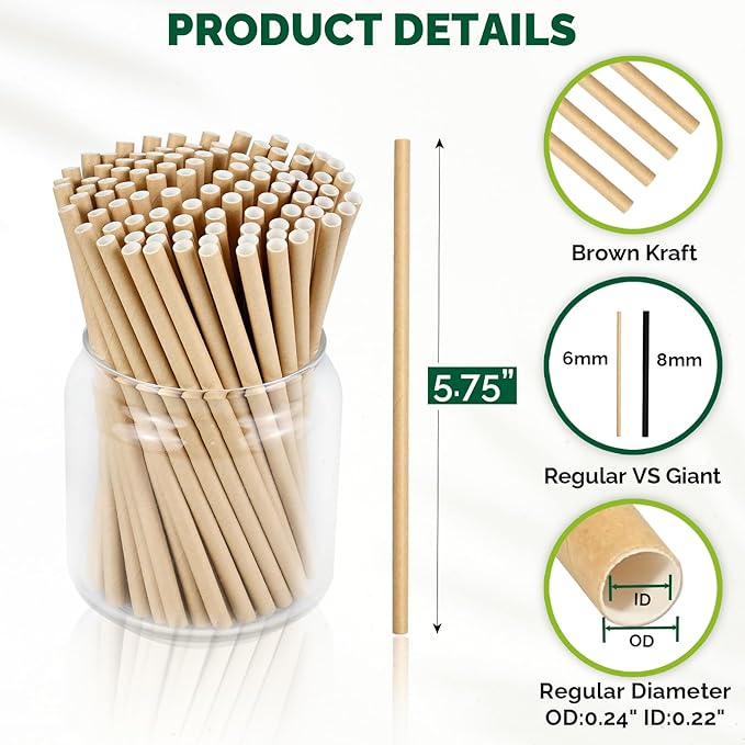 Disposable Brown Kraft Paper Cocktail Straws, 5.75 Inch, 500 Count