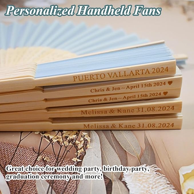 Personalized Engraved Light Blue Fans Folding Hand Fans 80 Pcs, Summer Wedding Fans, Custom Imitated Silk-Bamboo Fans for Guests Wedding Party Favor Bridal Shower Gifts Party Decoration