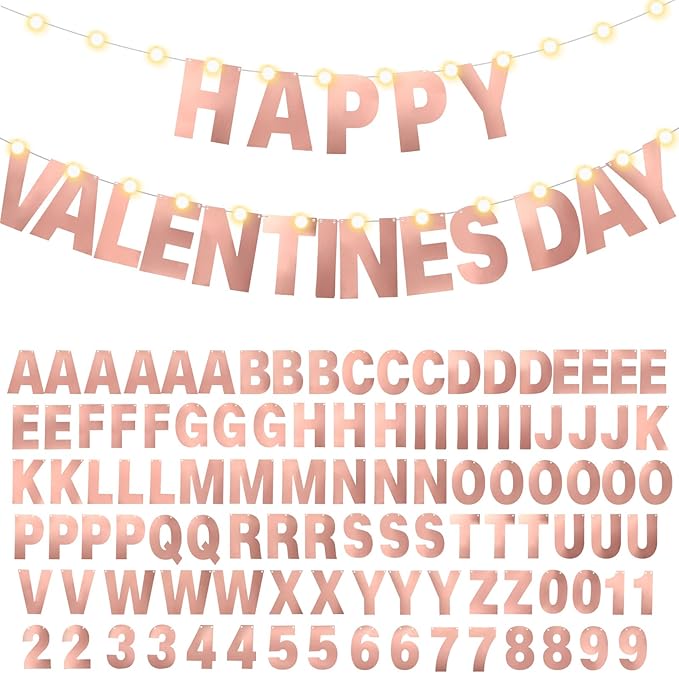 TaoBary 112 Pcs DIY Letter Kit Glitter Customizable Banner Letters Include 107 Letters and Numbers 3 Rope and 2 Needles for Birthday Halloween Christmas Wedding Valentine Party Decor(Bright Rose Gold)