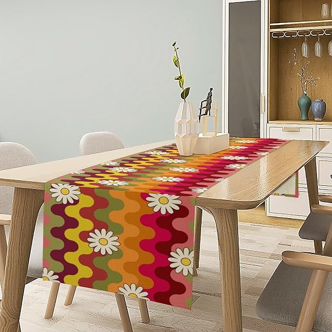Vintage Floral Table Runner,60s 70s Colorful Retro Abstract Hippie Print Table Runner for Kitchen Dining Table Home Party Decoration 13x36 Inch