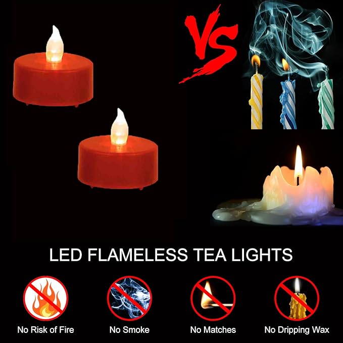LED Tea Lights Candles- 24PACK Red Flameless Candles Realistic and Bright Flickering Long Lasting 200Hours for Holiday Celebration,Home Decoration