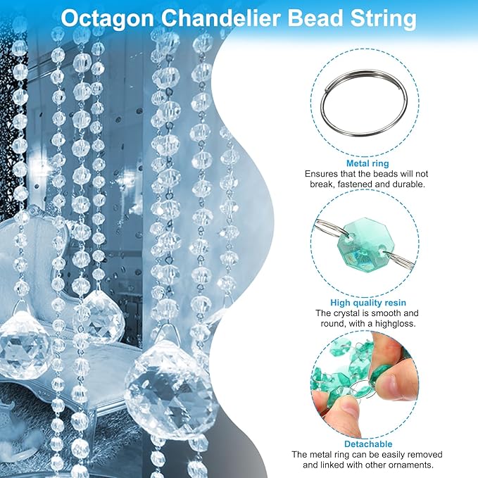 PATIKIL 14 mm Crystal Garland Strands, 16.4 Ft Acrylic Octagon Chandelier Bead Chains String for DIY Craft Wedding Party Home Decorative Jewelry Making, Blue