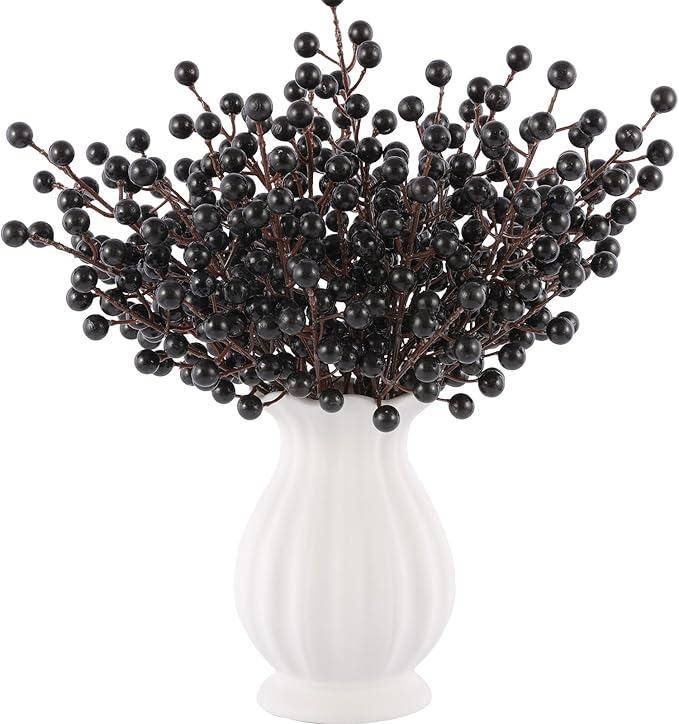 40 Pcs Artificial Berry Stems Branches, Halloween Black Faux Holly Berries Picks Ornaments for Christmas Tree Wreath DIY Craft Decorations Holiday Home Decor (40, Black)