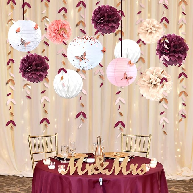 Banner Kit: 40 Pieces in Burgundy and Rose Gold with Paper Lanterns