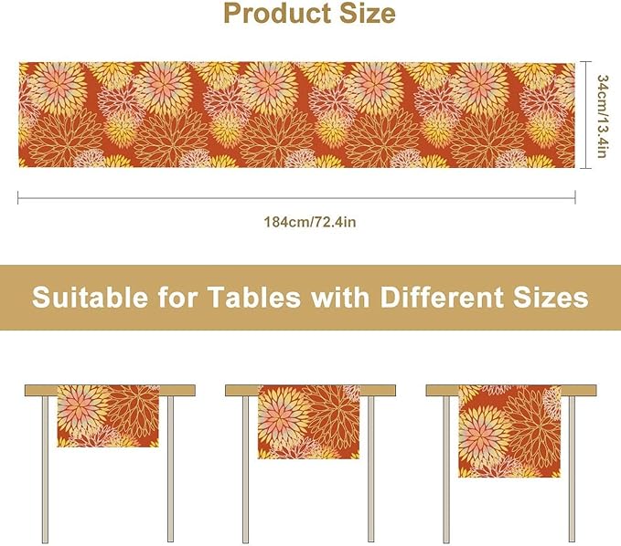 Yellow Floral Table Runner, Chrysanthemum Autumn Spring Summer Vintage Modern Linen Geometric Table Runner for Kitchen Living Room Bedroom Party Holiday, 13x36 Inch