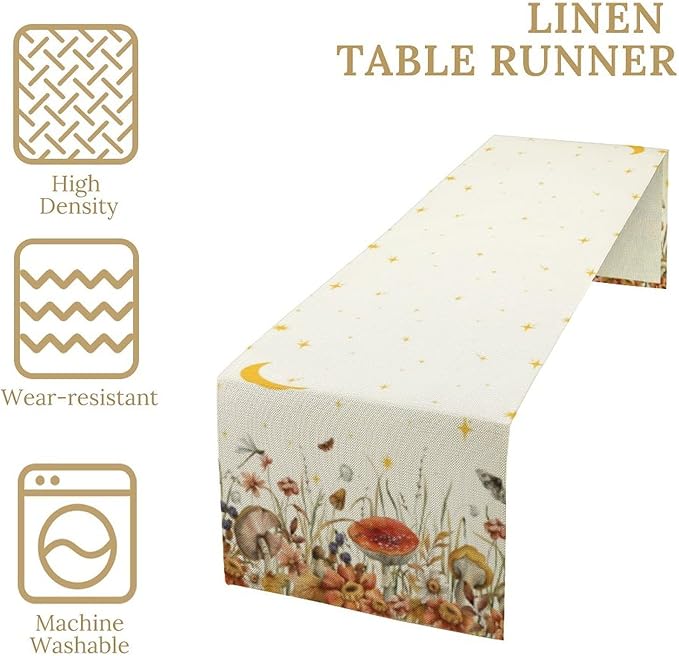 Mushroom Kitchen Table Runner, Gothic Moon Star Plants Witchy Moonlit Flower Butterfly Table Runner for Kitchen Dinner Living Room Drapes, 13x36 Inch White