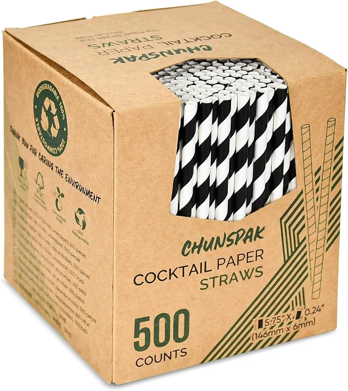 Paper Cocktail Straws, 5.75 Inch, 500 Count, Black Stripes
