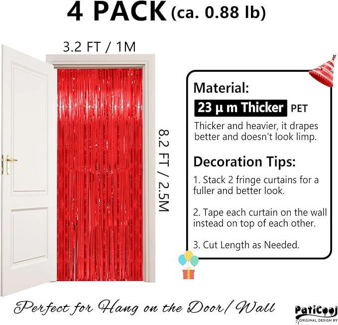 Red Metallic Streamers 3.2 x 8.2 FT, 4 Pack with 23μm Thick Film