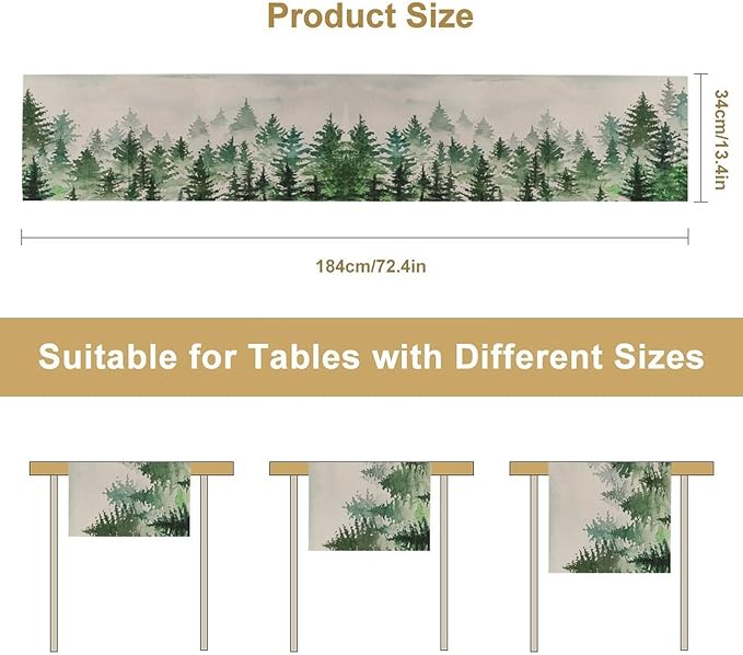 Foggy Forest Table Runner,Green Forest Natural Landscape Table Runner for Kitchen Dining Table Home Party Decoration 13x90 Inch