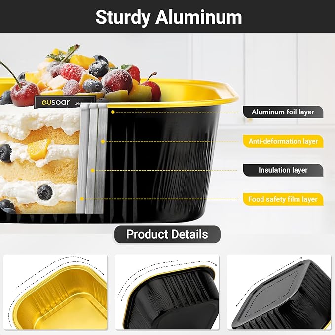 Baking Cups with Lids, 10 oz Aluminum Foil, 100 Count, Black & Gold