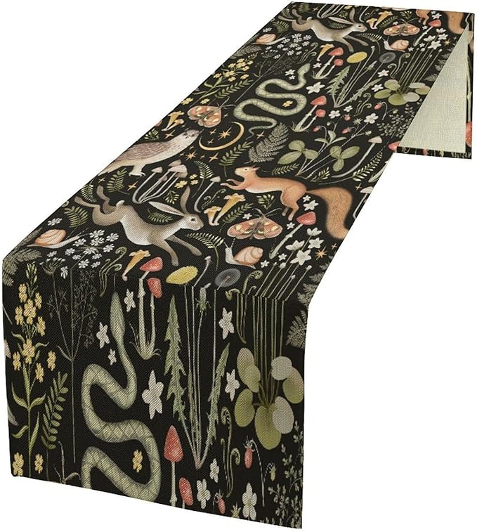 Mushroom Table Runner,Vintage Boho Forest Wild Animal Wildflower Botanical Plants Pattern Print Burlap Hotel Indoors Outdoor Dining Room Kitchen Holiday Party, 13x60in