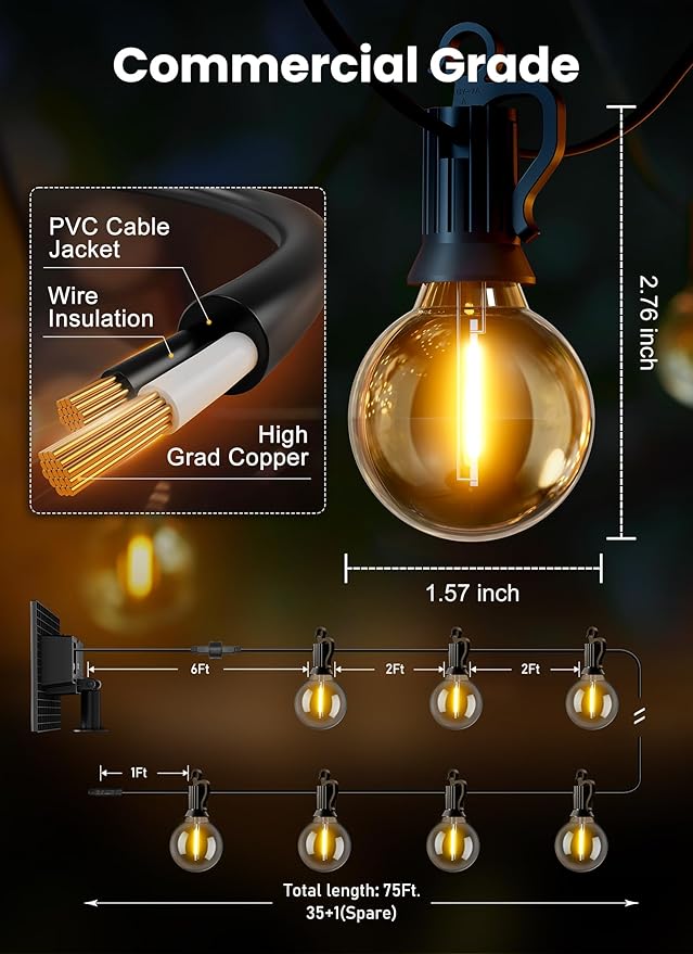 String Lights Solar 75 ft Warm White with Remote, 35 Shatterproof LEDs