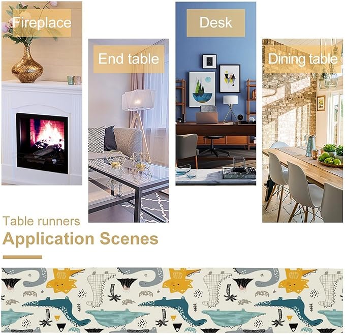 Cartoon Dinosaur Table Runner,Kids Boys Cute Various Dino Moutain Modern Abstract Print Tablecloth Burlap for Hotel Indoors Outdoor Dining Room Kitchen Holiday Party, 13x36in