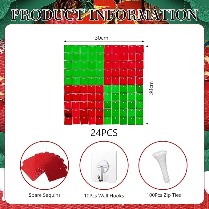 24PCS Red Green Shimmer Wall Backdrop, Xmas Square Sequin Photo Backdrops Panel, Glitter Wall Background for Birthdays, Weddings, Christmas, Engagements, Disco Bachelorette Party Decor (4FTx6FT)