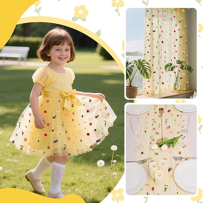 BINBE 6pcs Daisy Fall Table Runner Embroidery Gauze 10FT Florals Seasonal Tulle Holiday Birthday Kitchen Dining Table Decor for Home Party Yellow