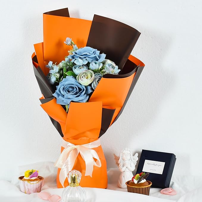BEISHIDA 20Pcs Orange and Brown Double Sided Floral Wrapping Paper Matte Waterproof Flower Bouquet Wrapping Paper for Floral Wrap Florist Packing Supplies Birthday Valentine's Christmas Gift Wrapping