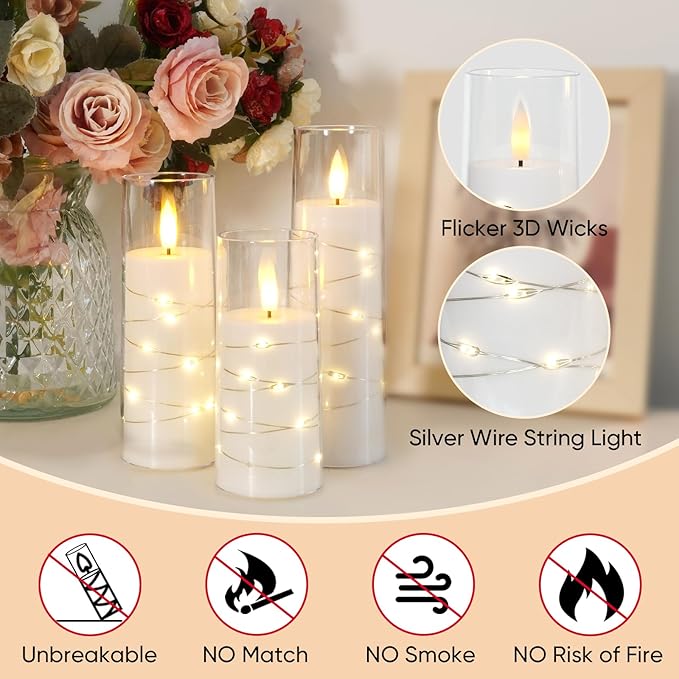Raycare Flameless Candle with Remote Timer – 5 Flickering Acrylic Battery Operated LED Pillar Candles with Embedded Star String for Halloween, Home Decor, and as a Gift(White)