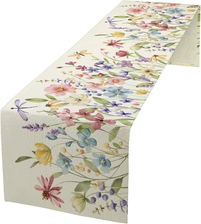 Watercolor Floral Table Runner, Colorful Spring Summer Nature Flower Dragonfly Pattern Print Table Runner for Kitchen Dinning Table Runner Decor Home Wedding Party Holiday, 13x70 Inch