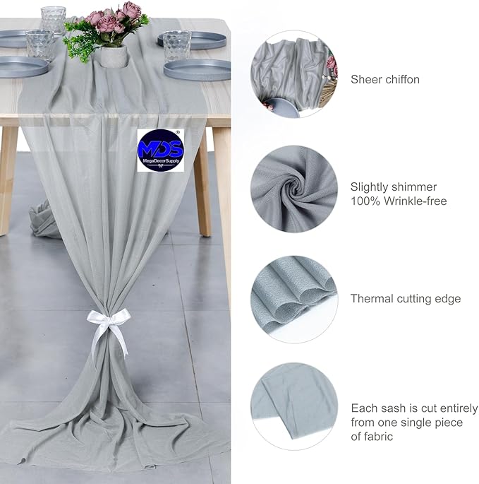 MDS 5 Pack 10ft Chiffon Table Runner 29 x 120 Inches Sheer Wedding Runner Romantic Rustic Table Runner for Wedding Decorations, Birthday Parties, Bridal Shower Party Arch Decor - Gray