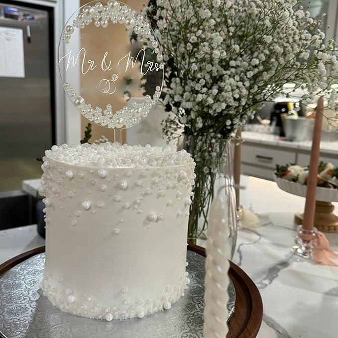 Non-Edible Acrylic Mr and Mrs Cake Topper with Simulated Diamonds and Pearls