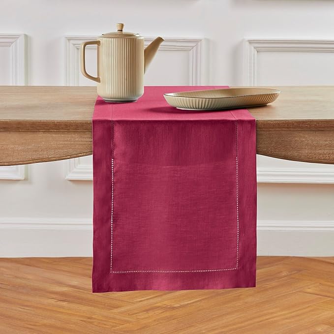 Solino Home Linen Table Runner 60 Inches - 100% Pure Linen Beet Hemstitch Table Runner 14 x 60 Inch Ideal for Dresser and Coffee Tables - Fall, Thanksgiving, Christmas, Holiday - Classic Hemstitch