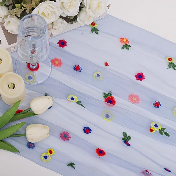 BINBE 6pcs Daisy Fall Table Runner Embroidery Gauze 10FT Florals Seasonal Tulle Holiday Birthday Kitchen Dining Table Decor for Home Party Blue