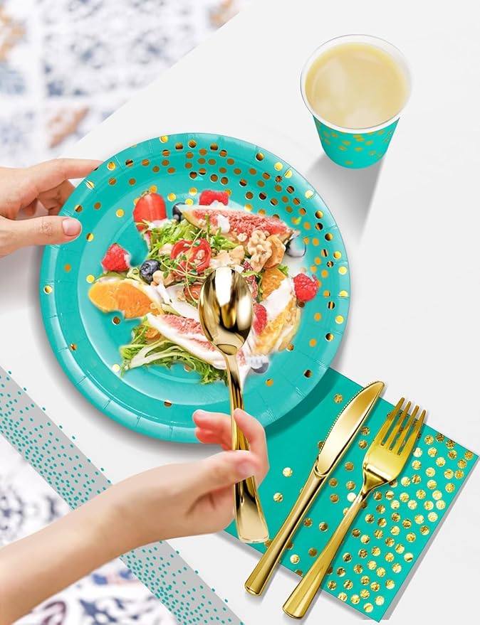 141 Pieces Blue Green and gold Party Supplies, Party Dinnerware Sets Include Paper Plates Napkins Cups Silverware, for Wedding Bridal Shower Engagement Birthday Parties Decoration -20 Serves