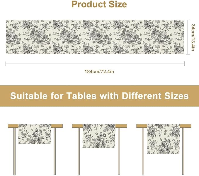 Vintage Flower Table Runner, Black White Wildfloral Floral Sketch Print Kitchen Dinning Table Runner for Indoor Outdoor Home Wedding Party Holiday, 13x120 Inch