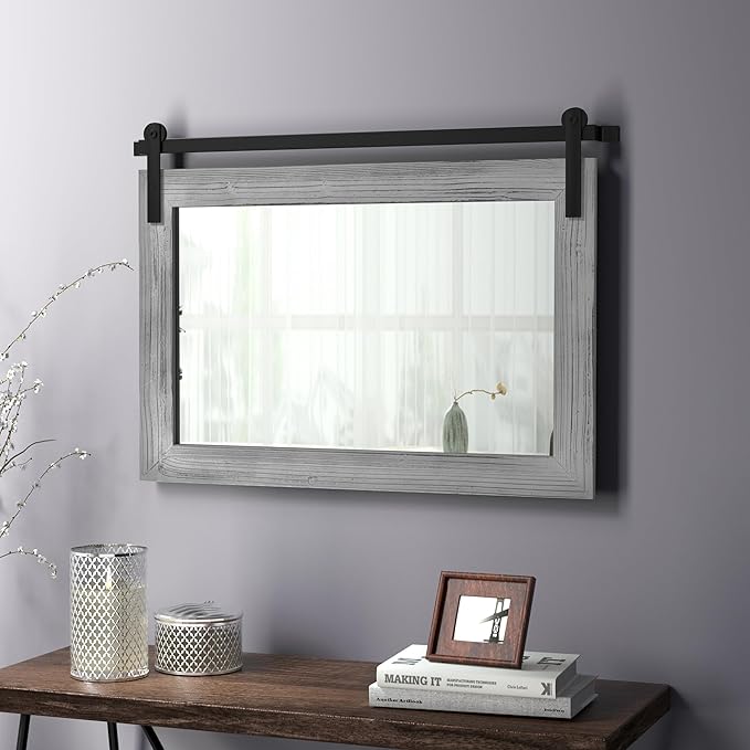 COGOOD Farmhouse Barn Door Mirror - 41" x 26" Rustic Wood Framed Wall Mirror for Bathroom, Living Room, Entryway Wall Decor (Grey)