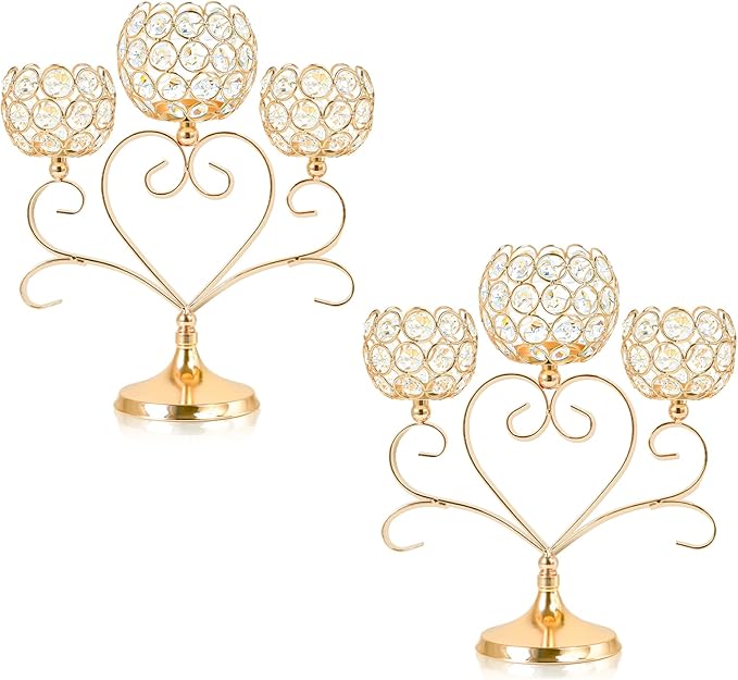 2 Pcs 3-Arm Heart Tea Light Candle Holder - Crystal & Metal Wedding Centerpiece Decor, Sparkling Table Decor for Anniversaries/Romantic Tabletop Home/Dinner Party/Events (2, Gold)