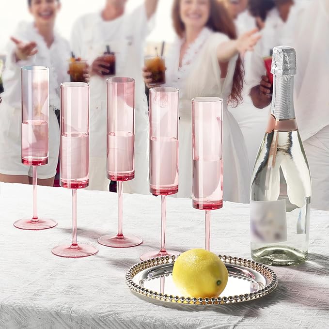 50 PCS Pink Champagne Flutes Plastic 5.4 OZ Clear Acrylic Champagne Flutes Sparkling Wine Glasses Wedding Table Decorations Reusable For Valentines Toasting Engagement Party Supplies (Pink, 50 Pack)