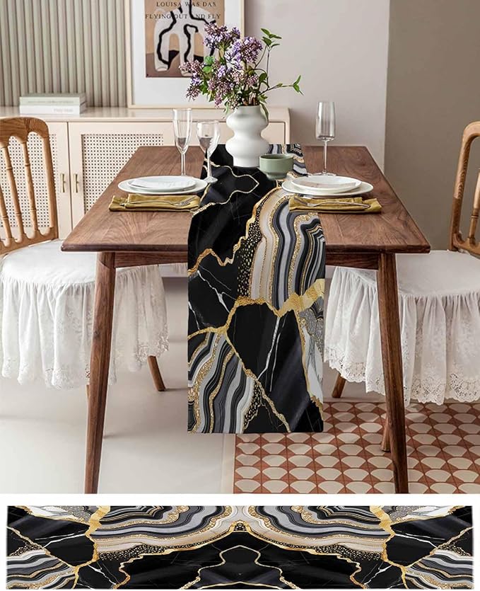 Geometric Black Marble Cotton Linen Table Runner for Dining Kitchen, Wedding Outdoor Party Tablerunners Decoration,Farm Marble Liquid Ripple Abstract Dresser Scarf Coffee Tablecloth Runners 13''x108''