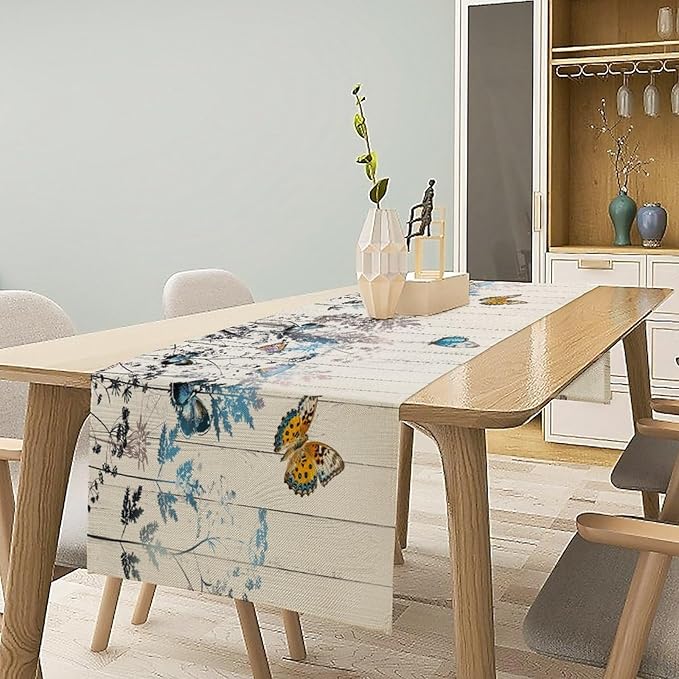 Nature Dandelion Table Runner,Rustic Floral Wood Plank Butterfly Girl Women Pattern Print Burlap Tablecloth for Hotel Indoors Outdoor Dining Room Kitchen Table Decor, 13x90in